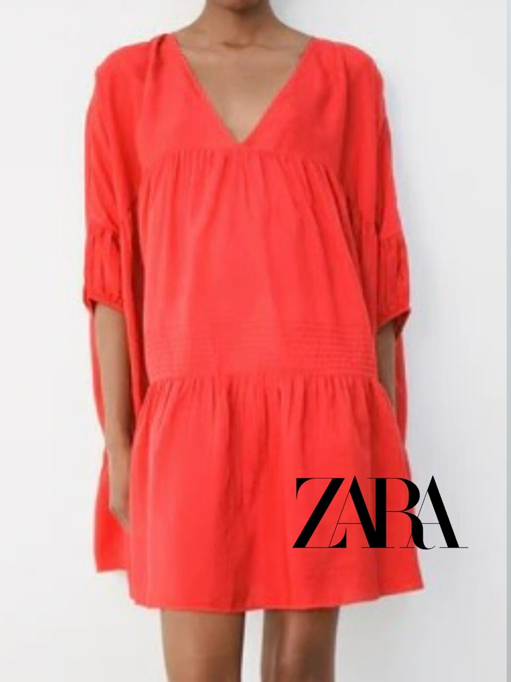 Zara Red V-Neck Tiered Mini Swing Dress